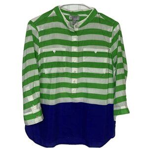 jcp JC Penney’s Petites Cotton Silk Blend Green White Royal Blue Tunic Blouse-LP